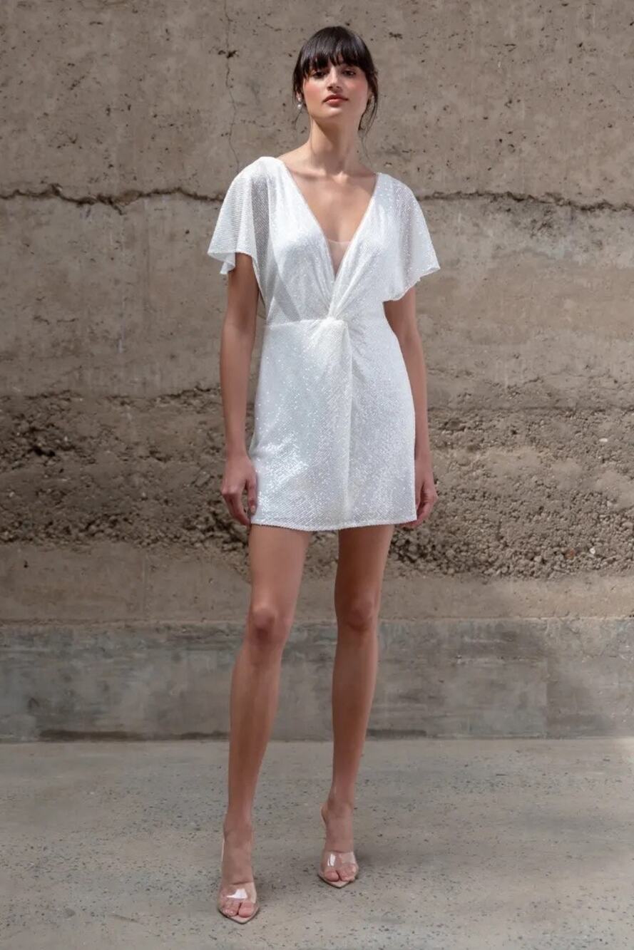 Jenny Yoo White Sparkle Ruffle Sleeve Mini Dress Open Back Sz 14 Bridal Bach